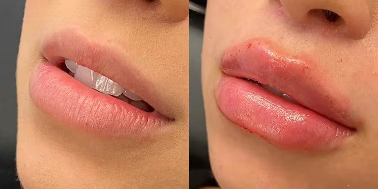 Lips before and immediately after Juvederm lip filler treatment