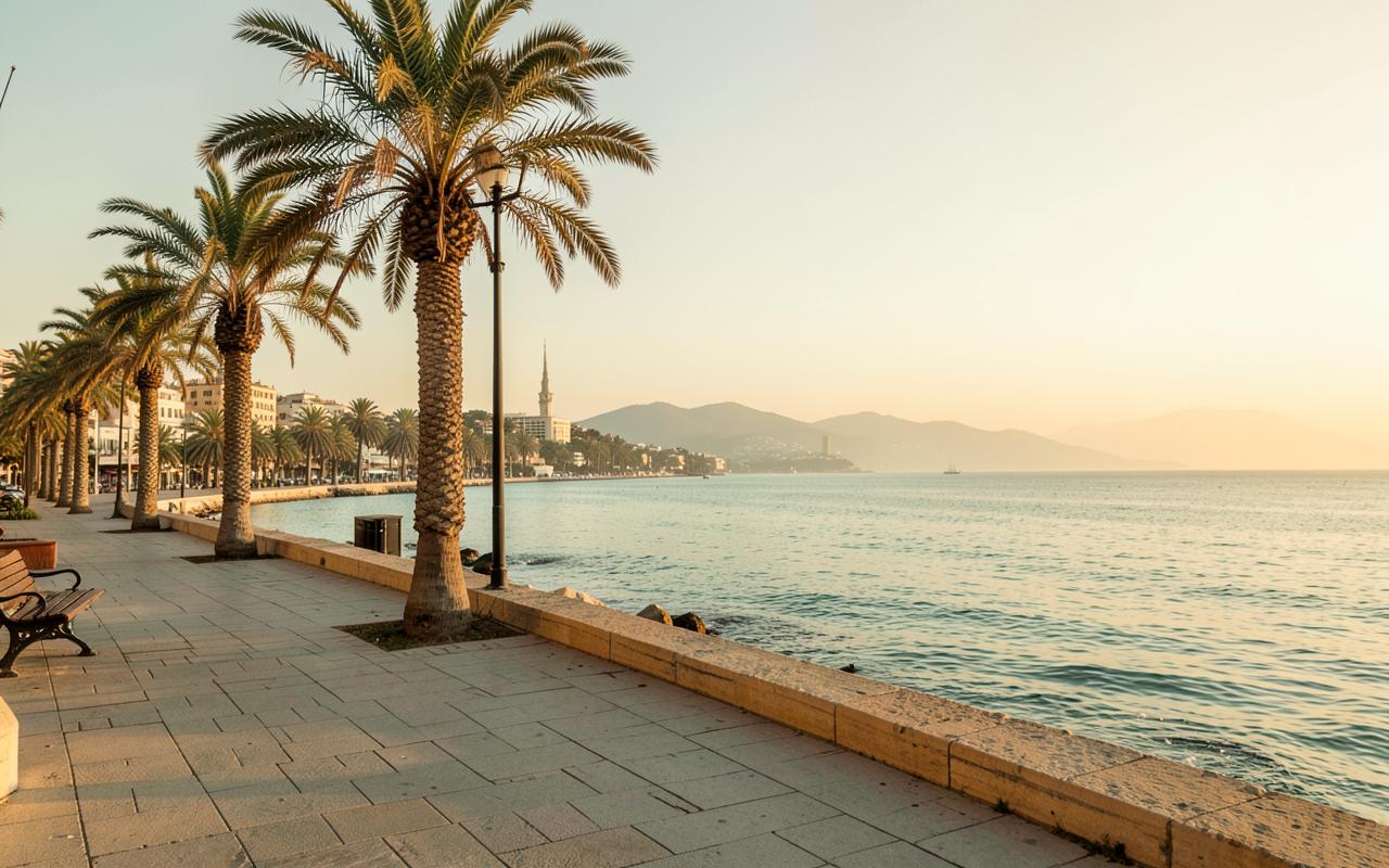 The Larnaca seafront in Cyprus at sunset