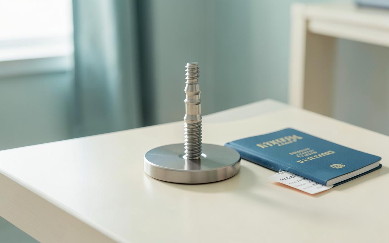 A titanium dental implant next to a passport and a plane ticket