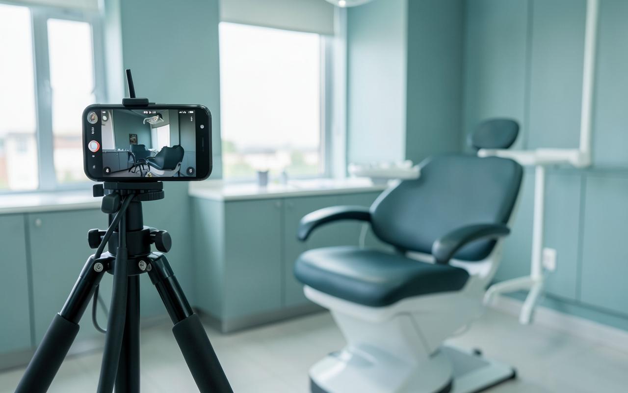 A smartphone on a tripod filming inside a dental office
