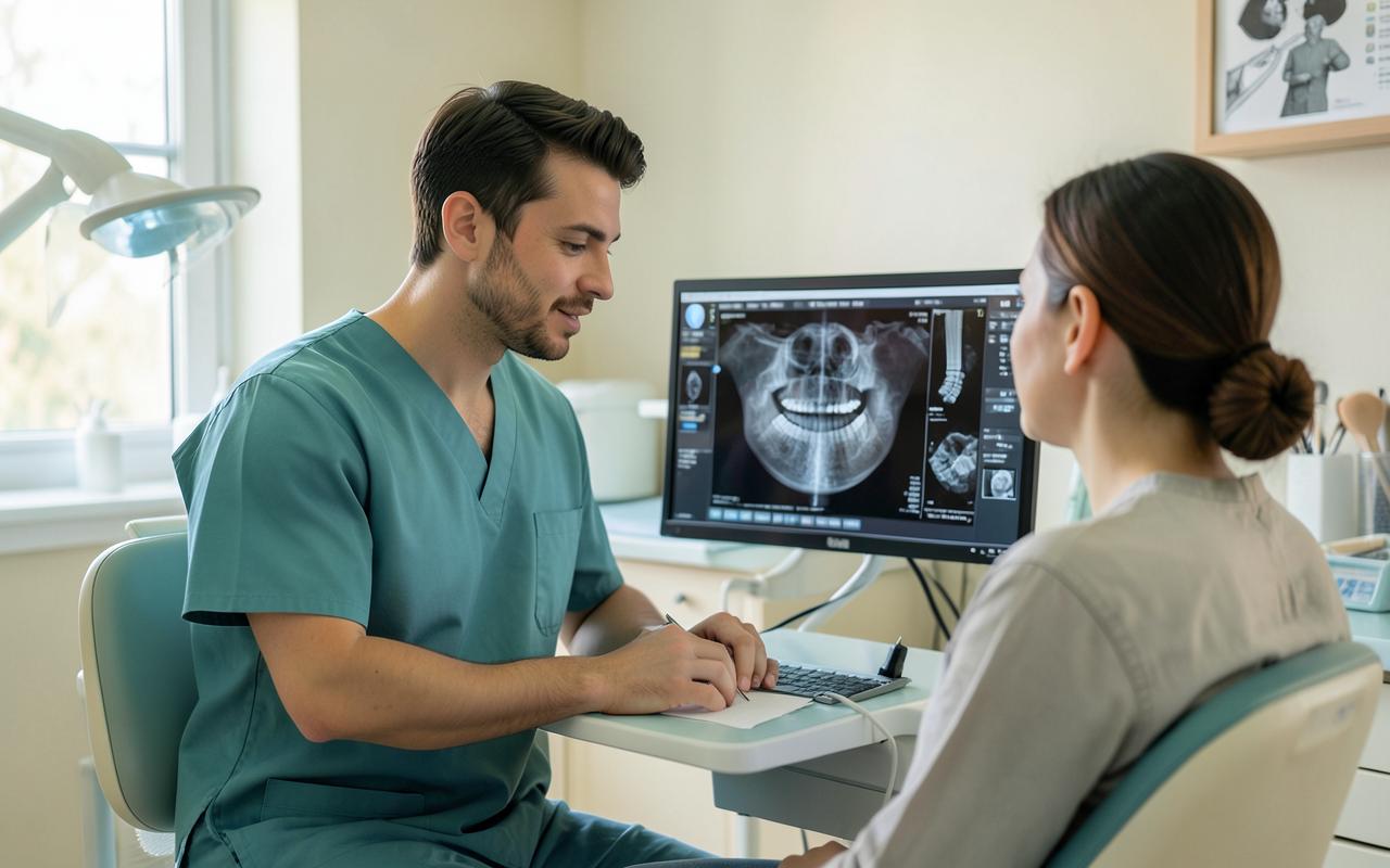 A doctor discussing a 3D scan with a patient at the clinic in Larnaca